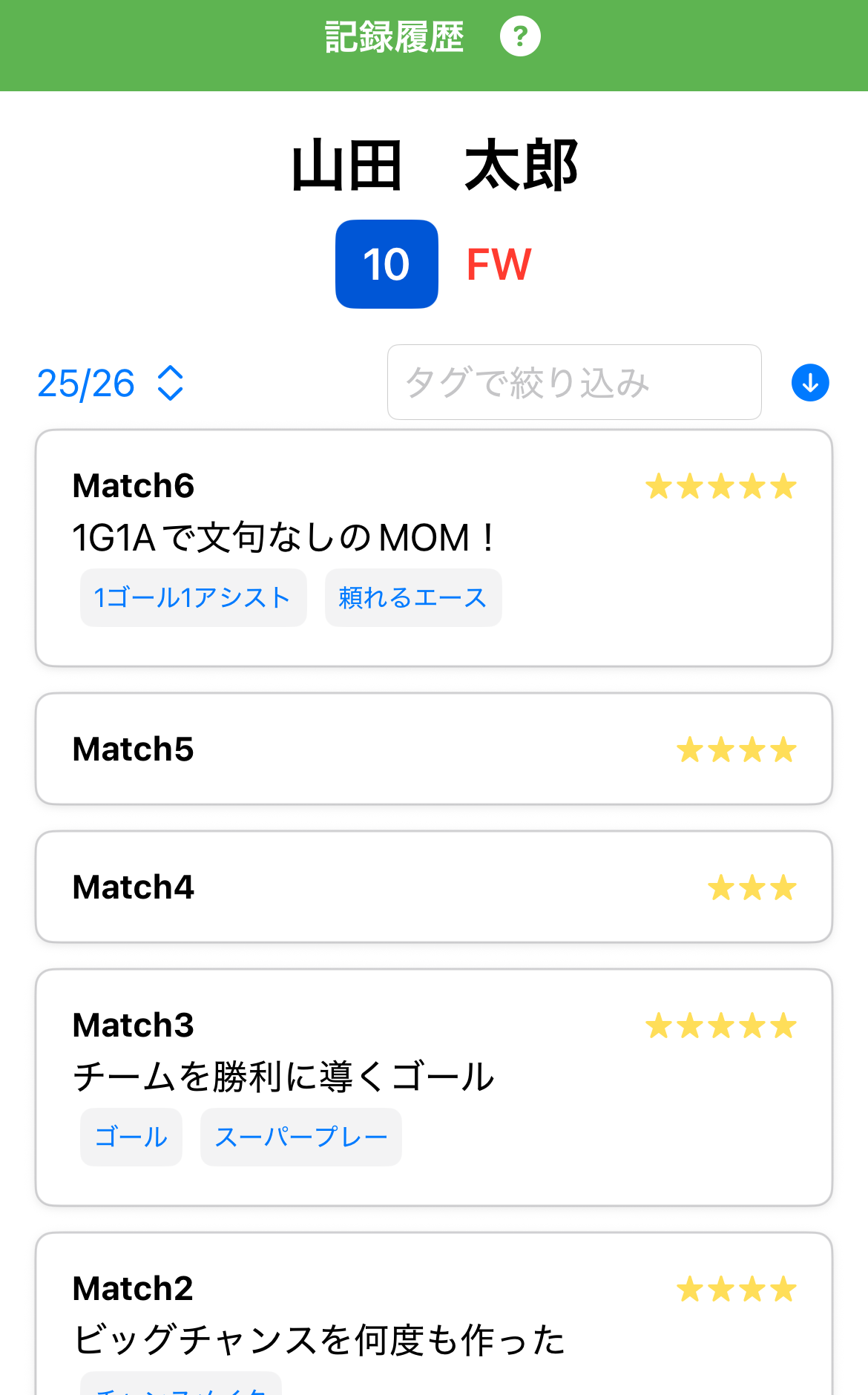 評価履歴の一覧画面